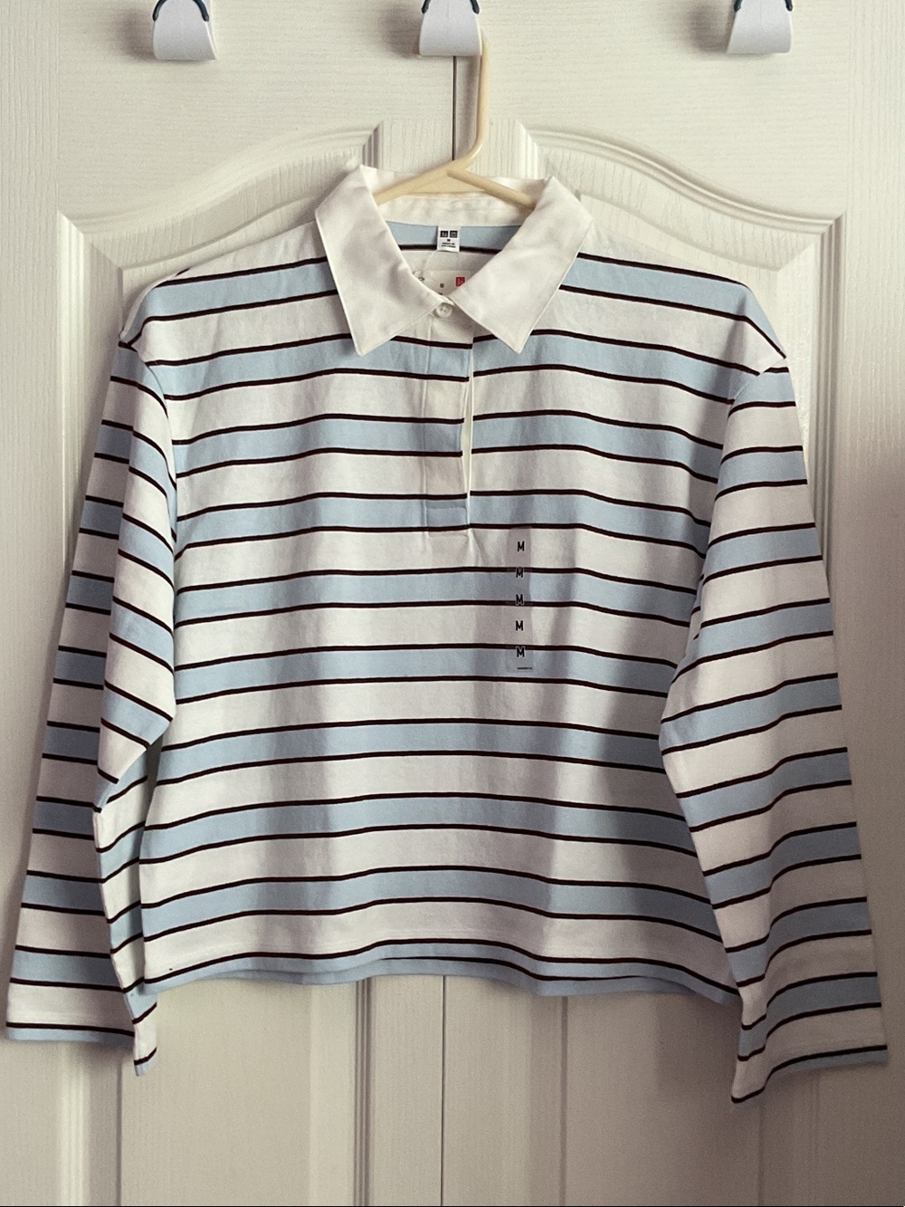 UNIQLO Striped Long-Sleeve Polo Top - Light Blue & White
